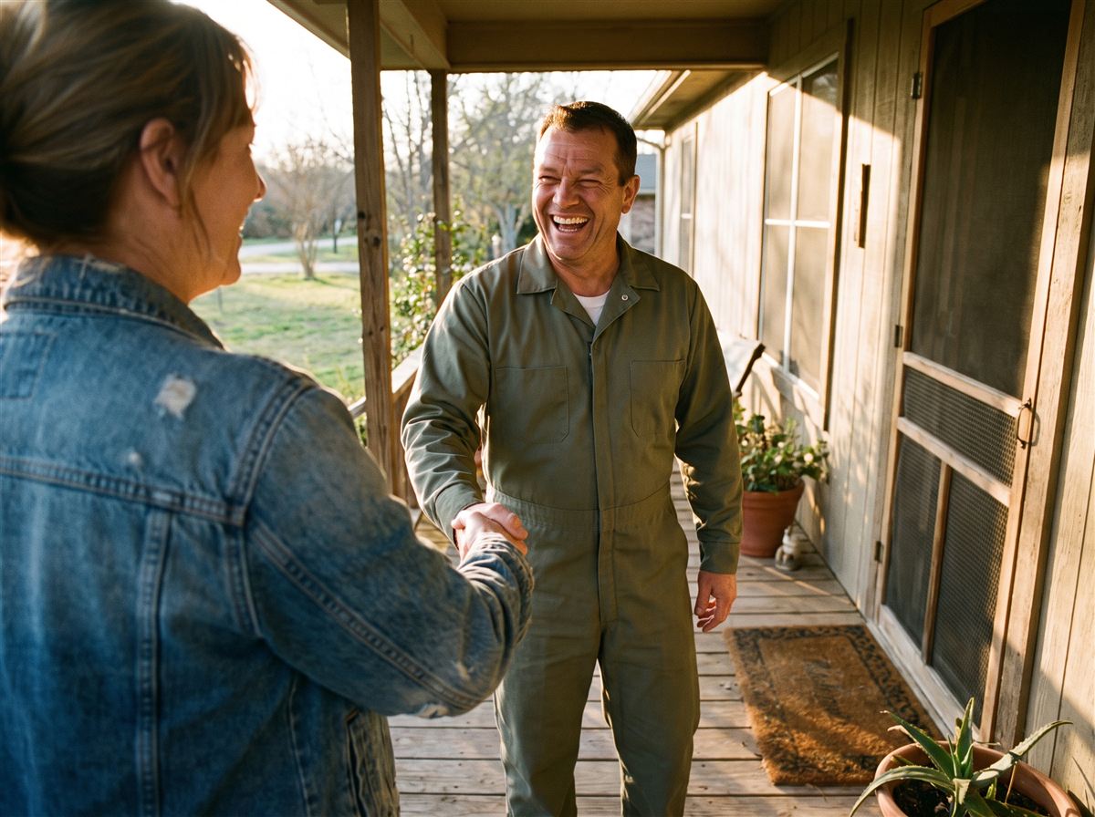 Homeowner welcoming a pest control technician at the front door