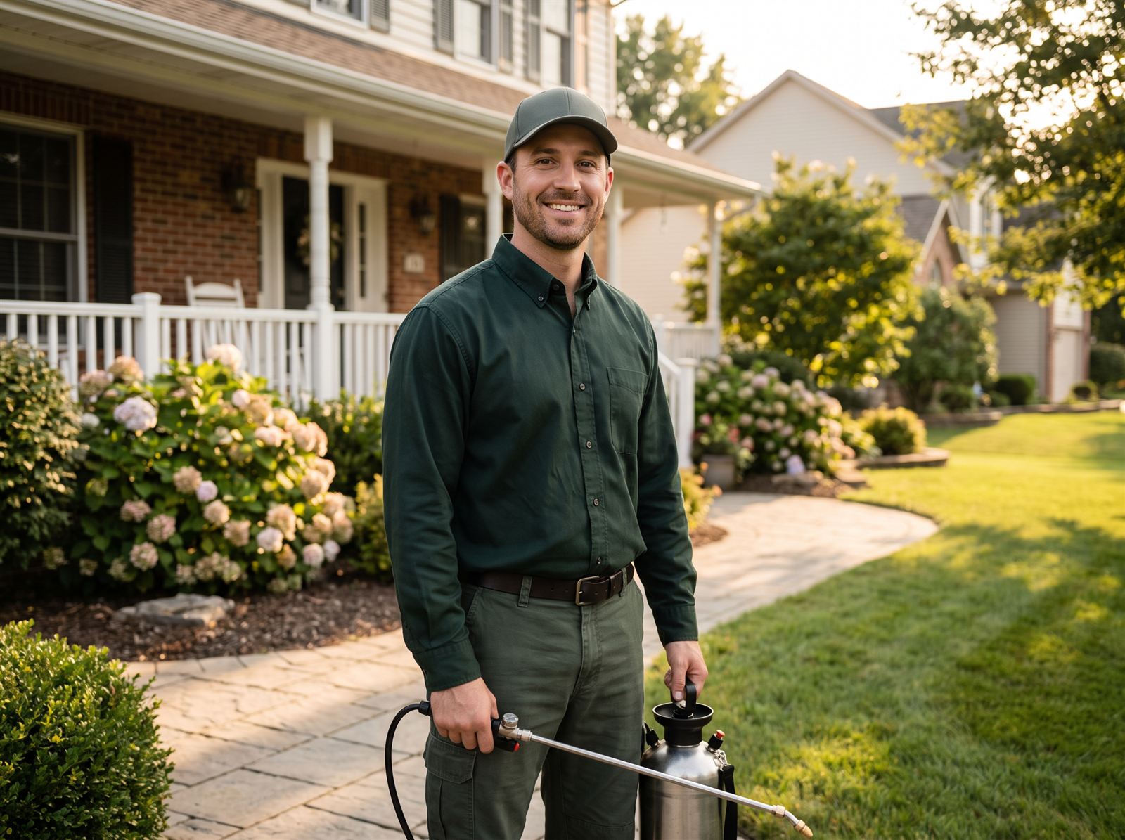 Licensed pest control technician arriving at a suburban home