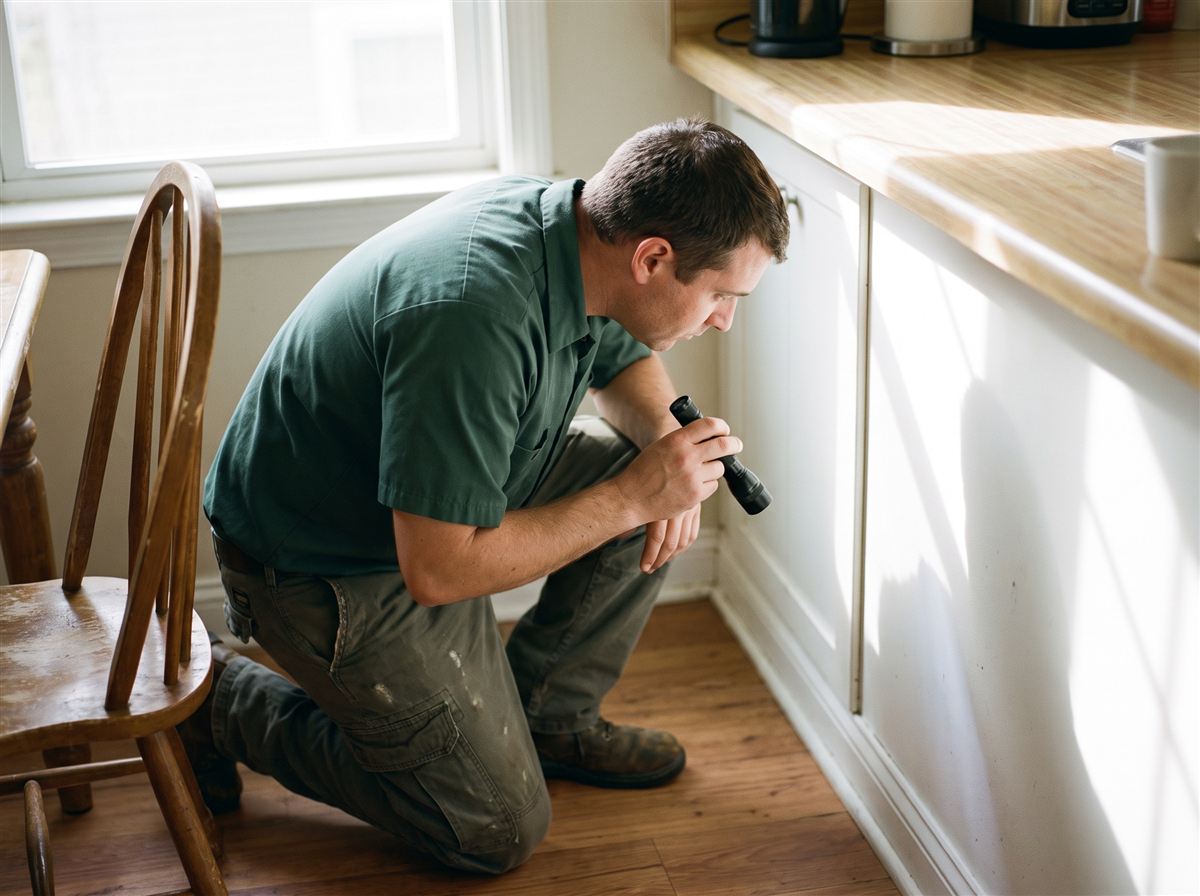 Pest control technician inspecting a kitchen baseboard with a flashlight